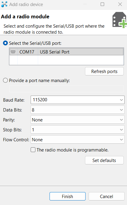 XCTU Add Radio Module Connection Settings